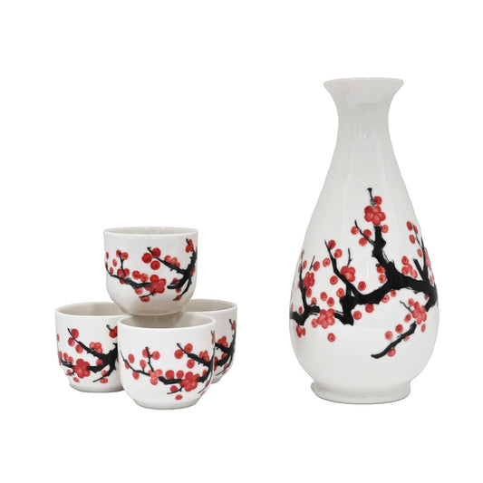 White Pink Sakura Cherry Blossom Porcelain Sake Flask And 4 Ochoko Cups Set