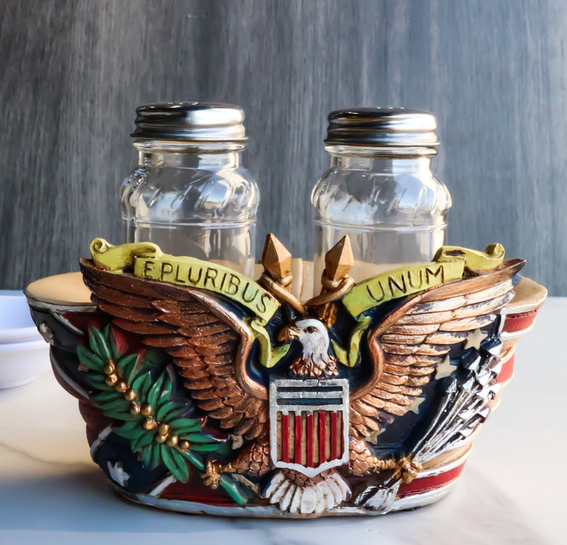 Military E Pluribus Unum Bald Eagle Crest With USA Flag Salt Pepper Shakers Set