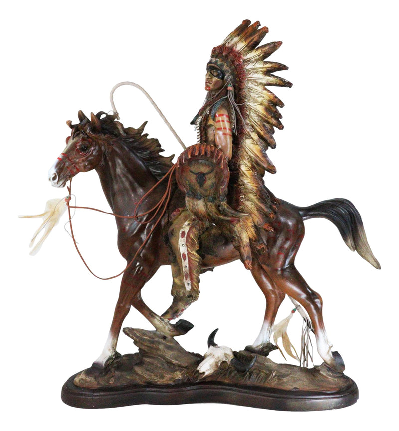 Large Indian Chief With Headdress Feathered Coup Staff Shield On Horse Statue