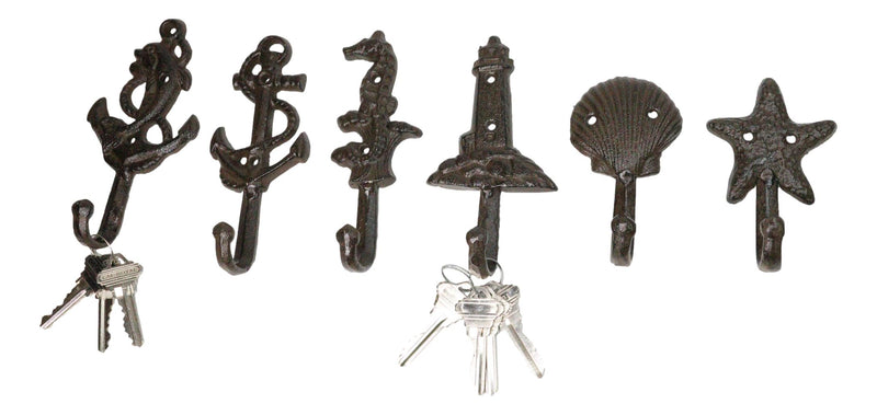 Pack of 6 Cast Iron Marine Sea Horse Anchor Lighthouse Starfish Shell Wall Hooks
