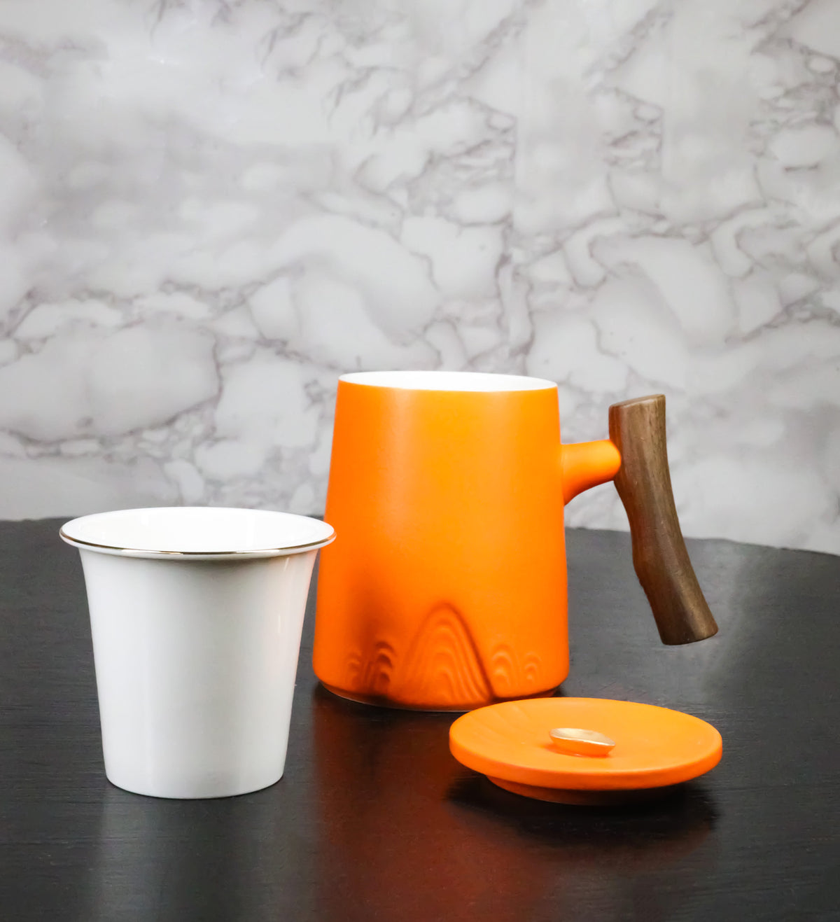 Orange 15 Oz Chic Porcelain Tea Mug with Wooden Handle, Lid and Infuser