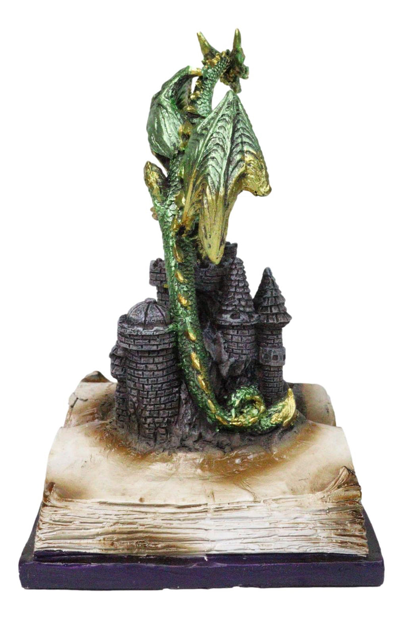 Medieval Green Dragon Perching On LED Castle With Book of Spells Figurine