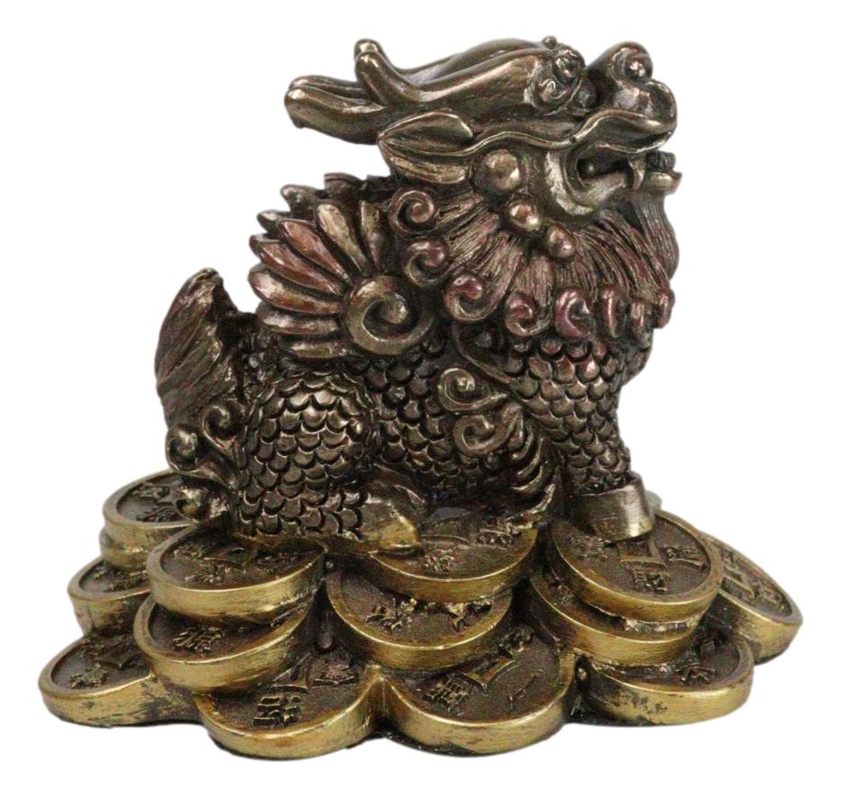 Feng Shui Fortune Money Dragon Chi Lin Yang Energy Gold Coins Charm Figurine - Ebros Gift