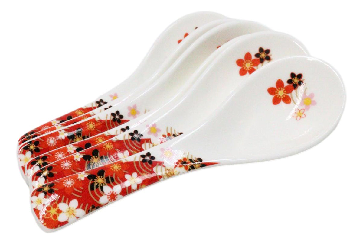 Set of 6 Sakura Cherry Blossoms Porcelain Asian Soup Spoons Japanese Ramen Pho
