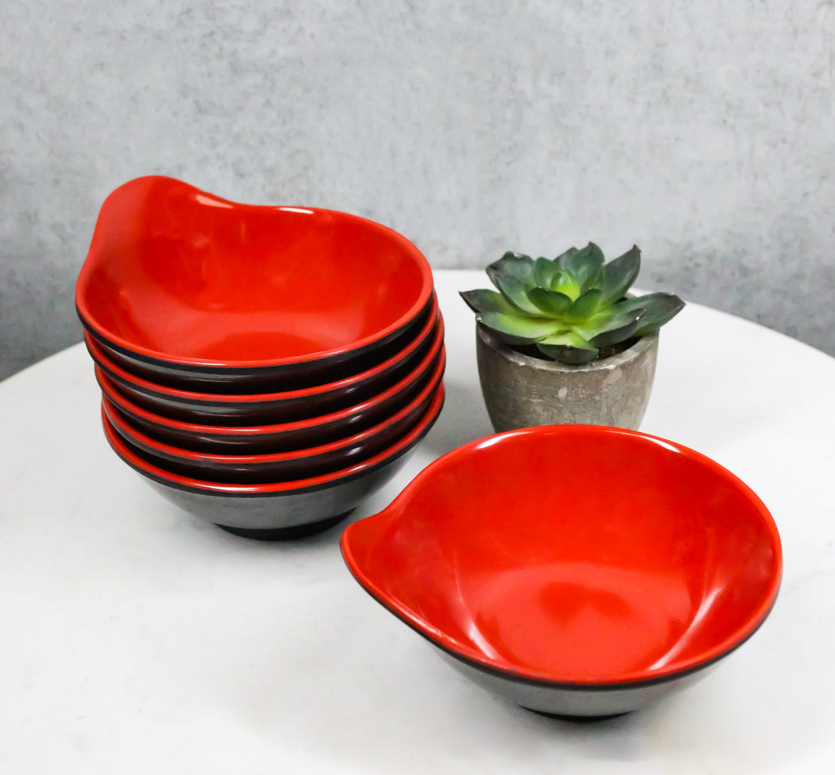 Pack Of 6 Red And Black Melamine Small Soup Salad Rice Bowls With Handle 5"L