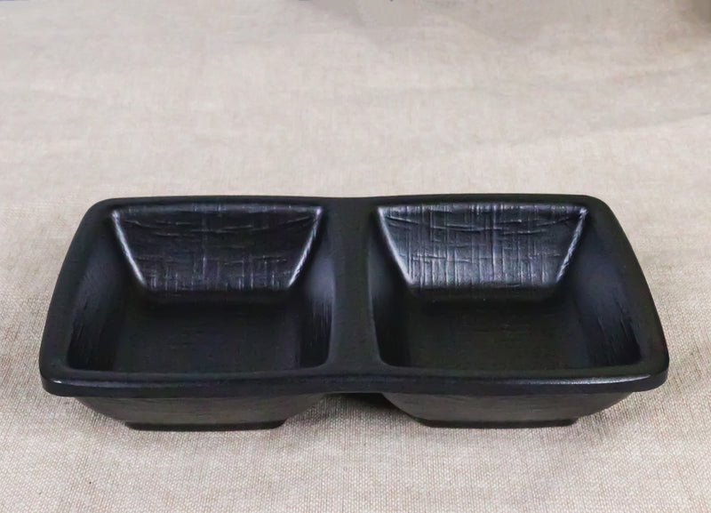 Pack Of 6 Black Silk Melamine 2 Partition Condiment Sauce Dipping Bowl or Dishes