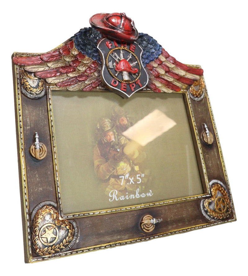 Fire Department Fireman Helmet Hose And USA Flag Angel Wings 5"X7" Picture Frame