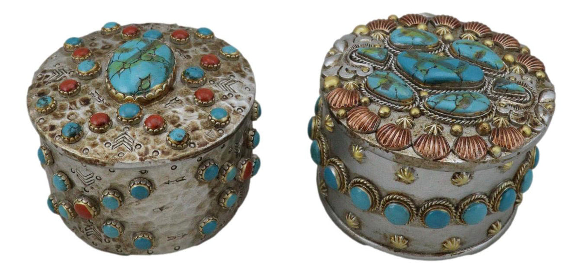 Set Of 2 Southwest Rustic Turquoise Red Rocks And Stones Vintage Trinket Boxes