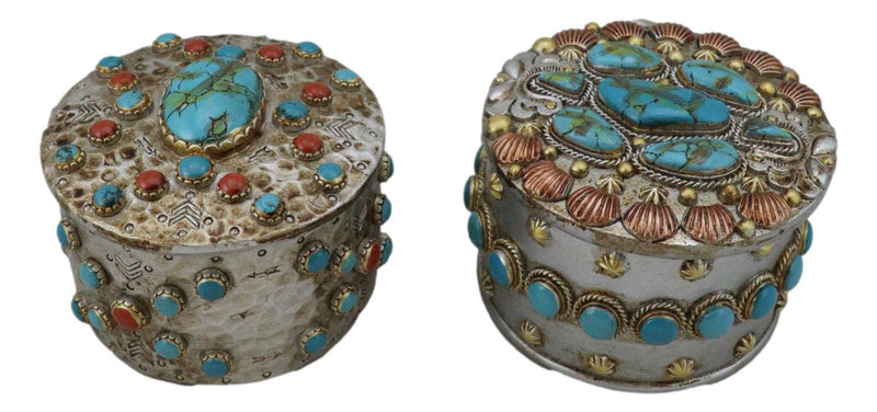 Set Of 2 Southwest Rustic Turquoise Red Rocks And Stones Vintage Trinket Boxes