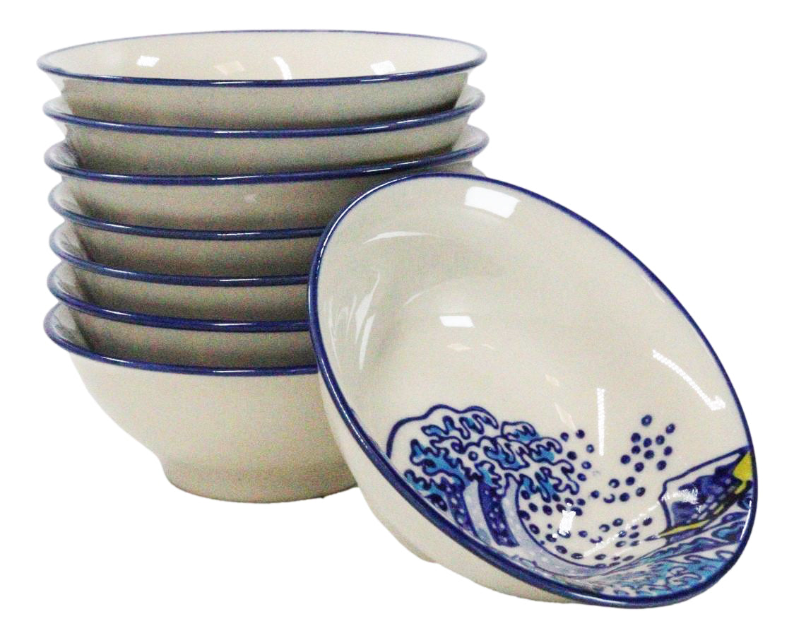 Pack Of 8 Ceramic Great Wave Of Kanagawa By Hokusai Sauce Oil Condiment Dishes - Ebros Gift