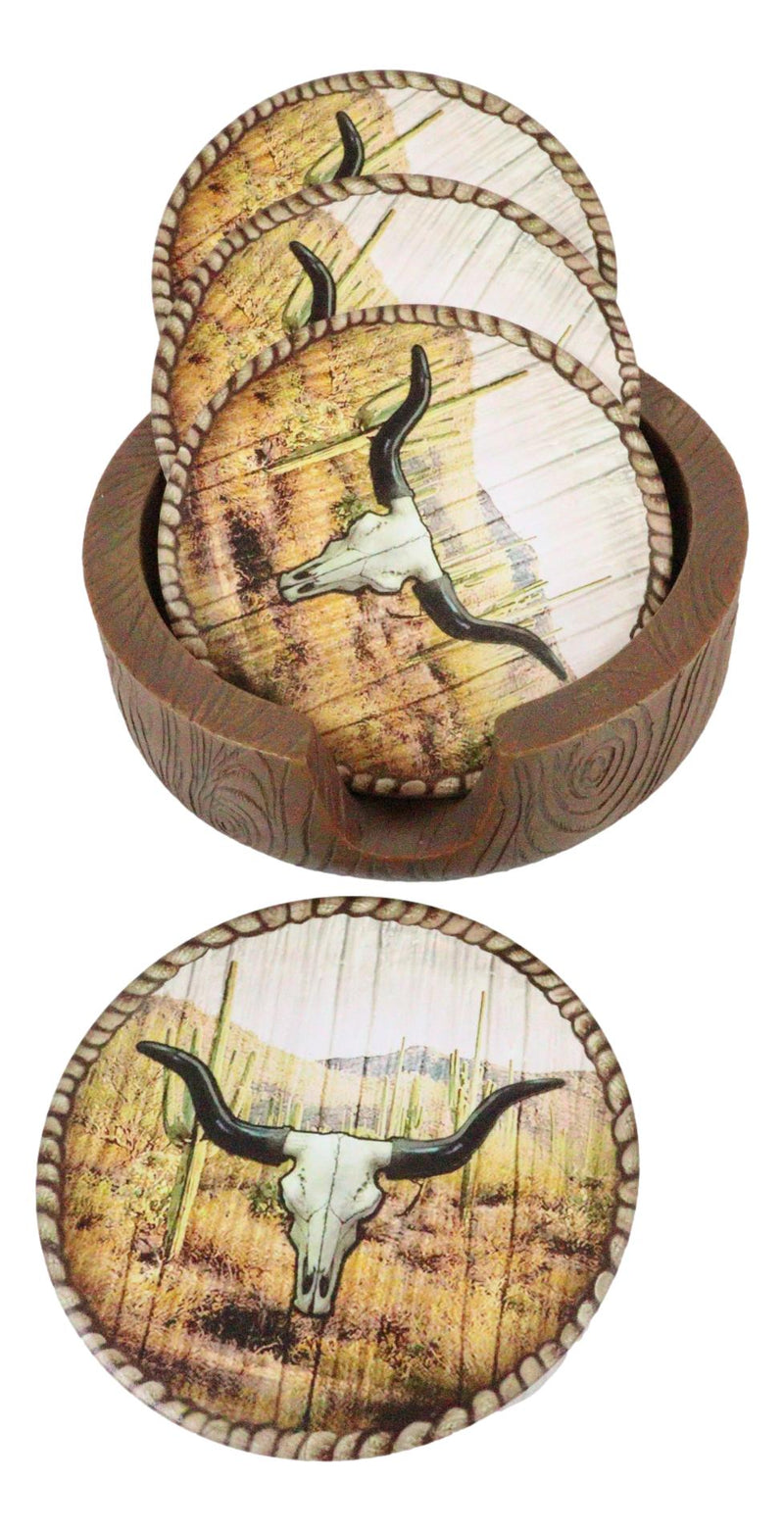 Rustic Western Rodeo Roundup Longhorn Cow Skull Ropes Faux Wooden Coaster Set