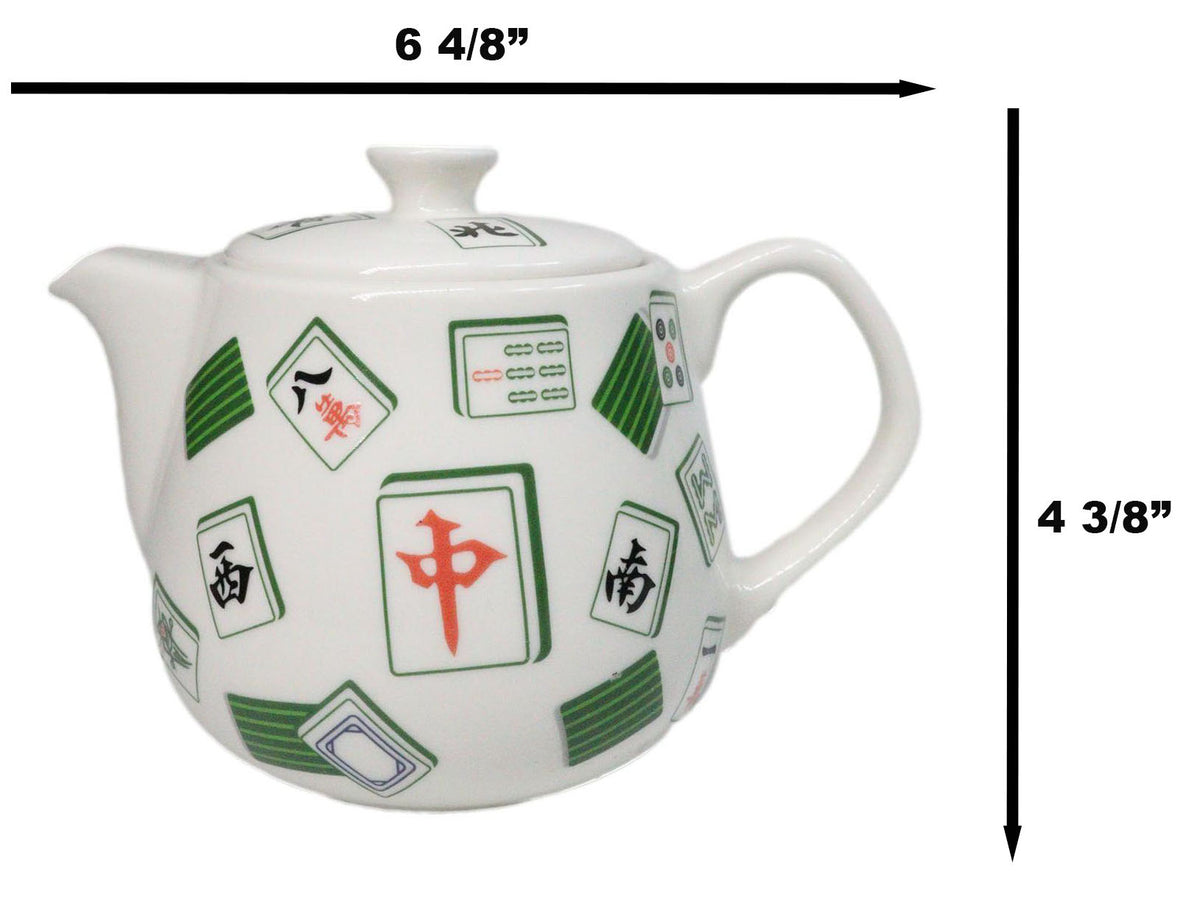Green And White Iconic Chinese Mahjong Tiles Ceramic Tea Pot 15oz With Strainer