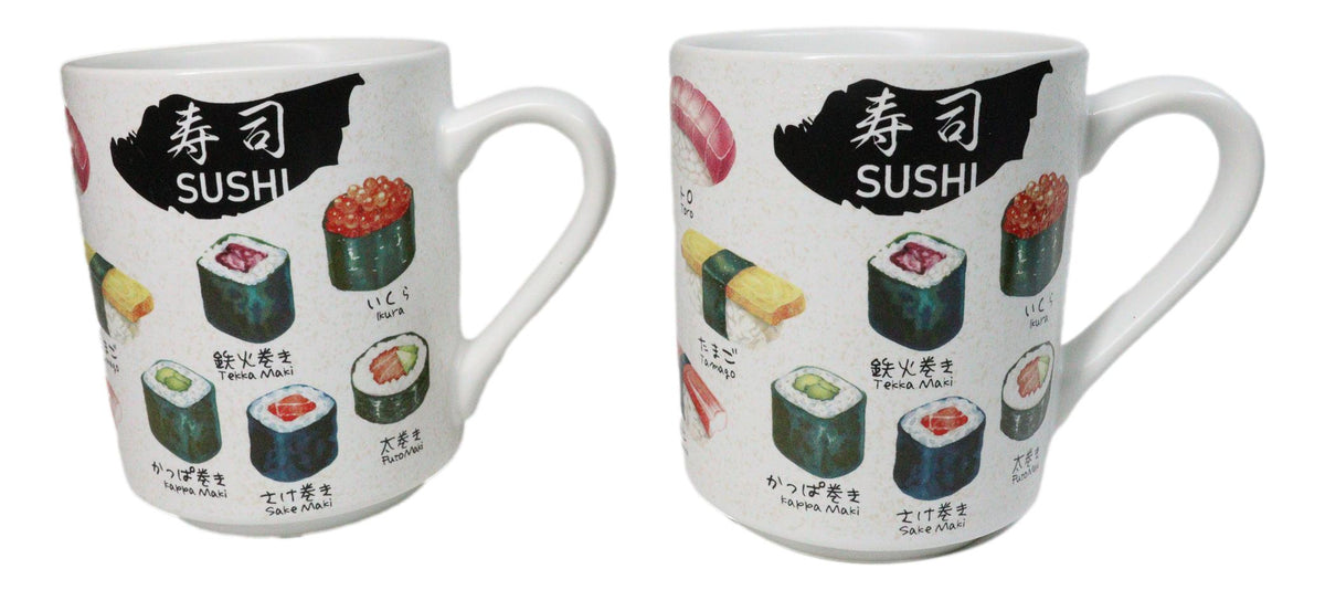 Set Of 2 Japanese Cuisine Sushi Sashimi And Rolls Textured Ceramic Mug Cups 11oz