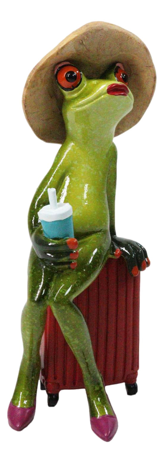 Ebros Frog Lady on Suitcase Beach Hat Red Stilettos Resin Figurine 7.75"