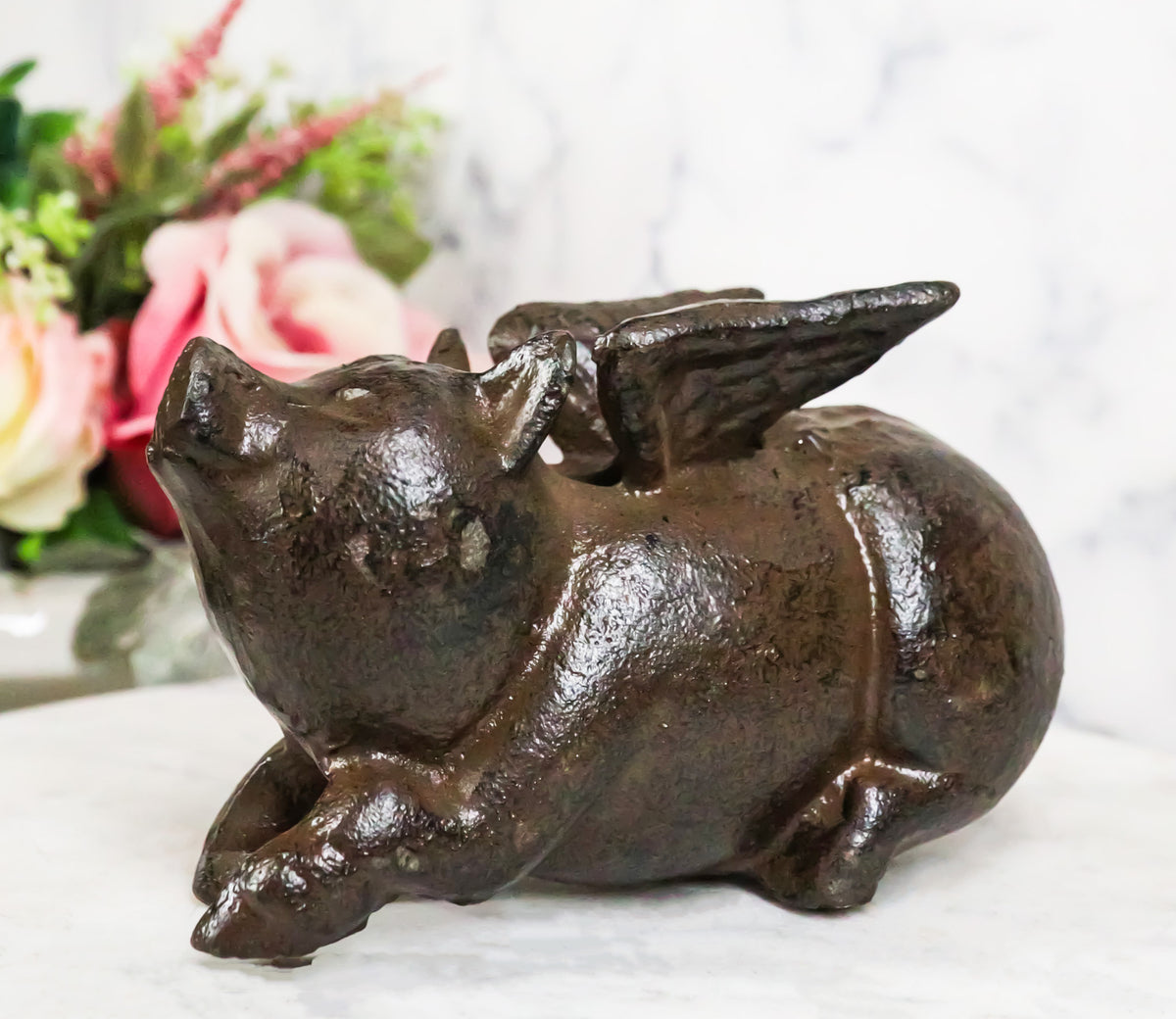 Cast Iron Whimsical Flying Winged Angel Pig Decorative Sculpture Paperweight 5"L
