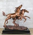 Two Galloping Horses On Grasslands Bronze Electroplated Figurine With Base 15"L