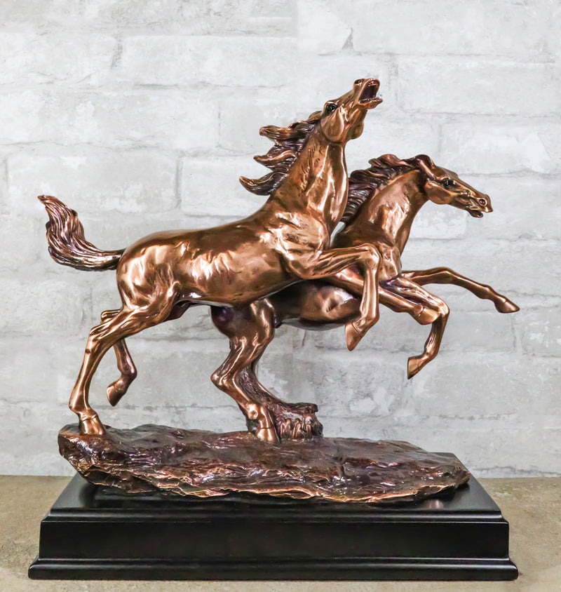 Two Galloping Horses On Grasslands Bronze Electroplated Figurine With Base 15"L