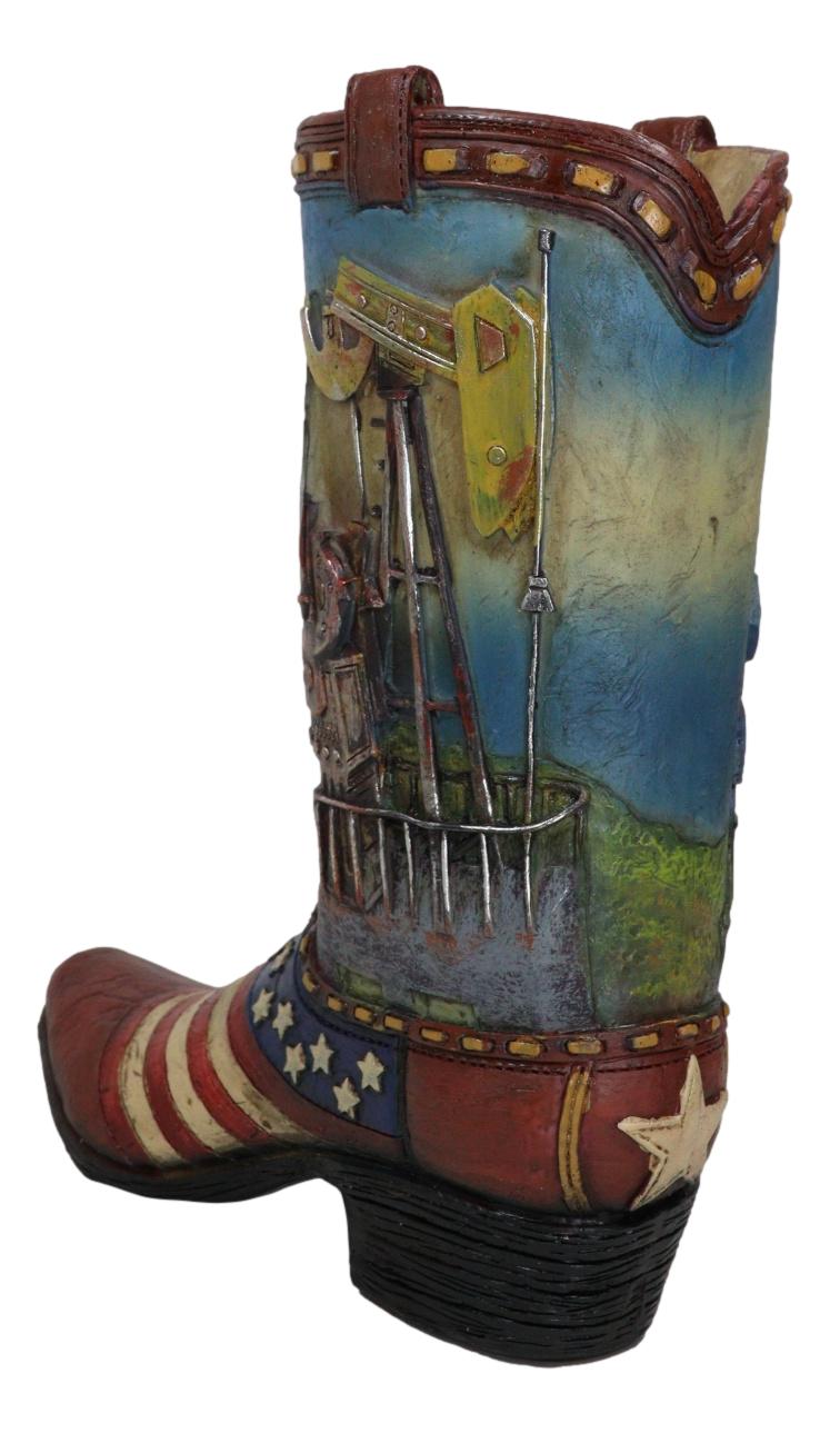 Rustic Western Oil Derrick Pump Jack USA Flag Cowboy Boot Flower Vase Planter