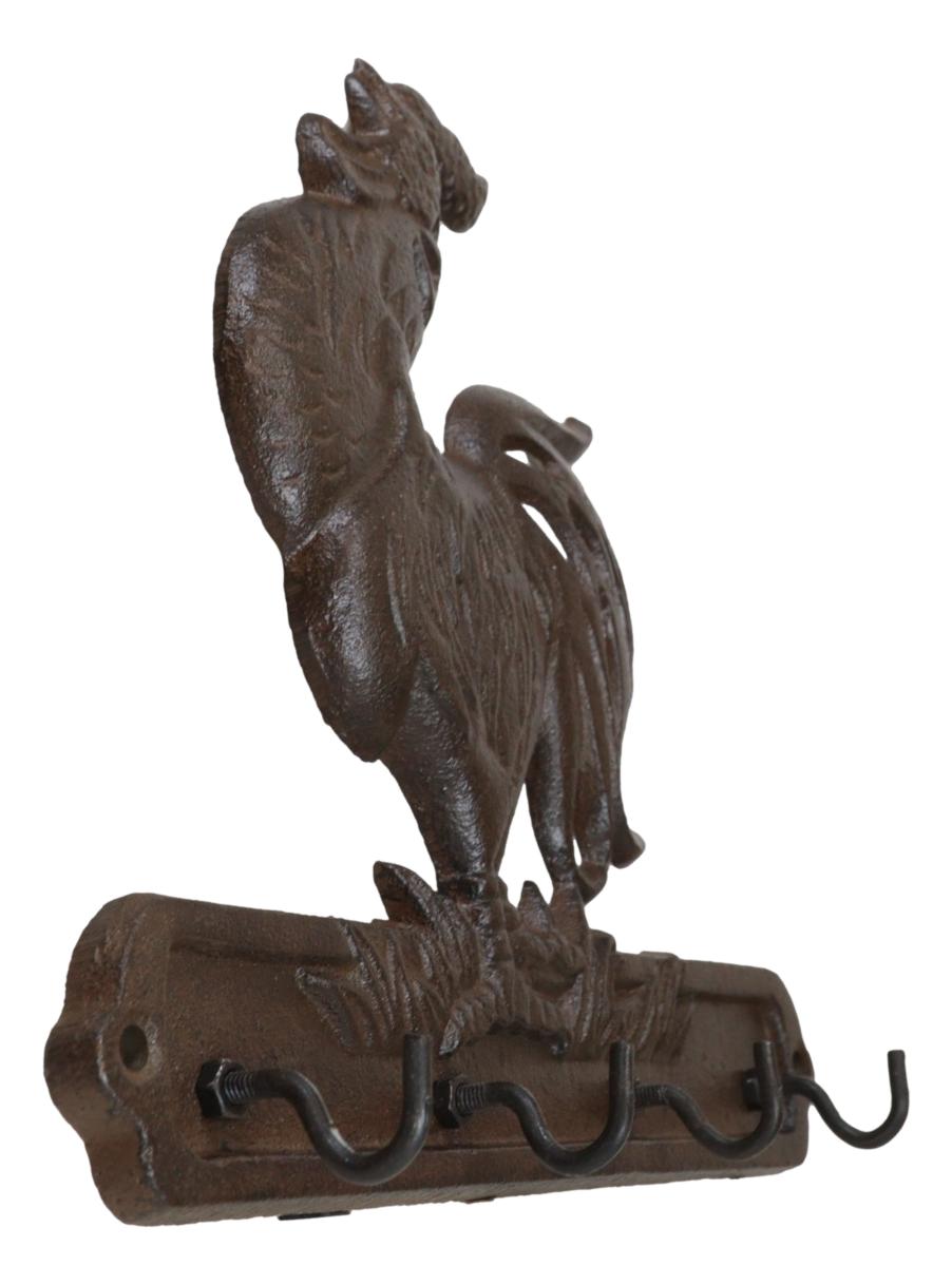 Cast Iron Rustic Farm Barn Crowing Rooster Chicken 4 Peg Quadruple Wall Hooks