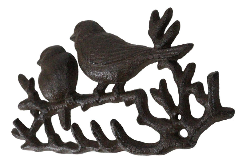 Cast Iron Rustic Lovebirds Perching On Twig Branch 4-Pegs Wall Coat Keys Hooks