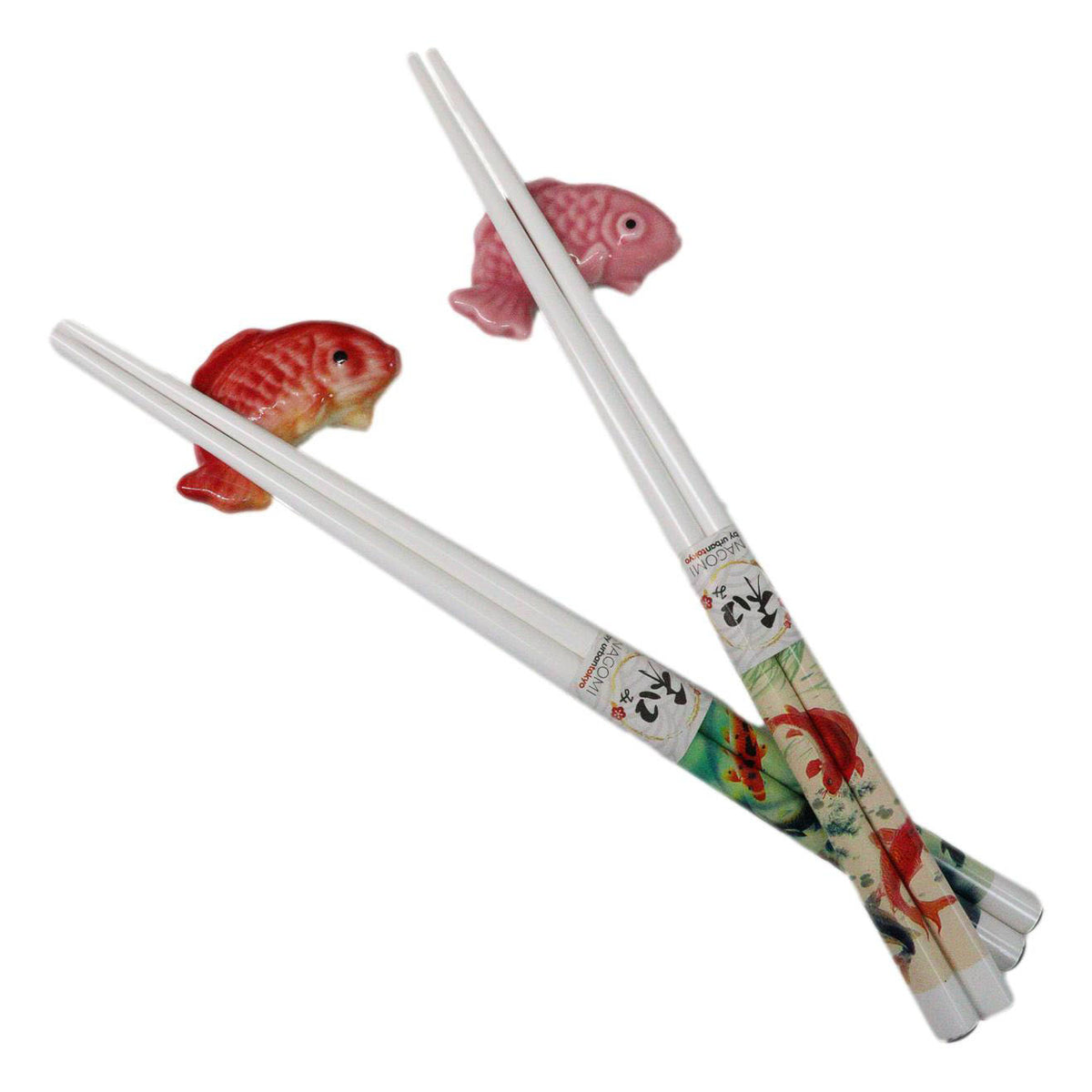 Red And Pink Auspicious Koi Fishes Set of 2 Chopsticks And Ceramic Rests Set