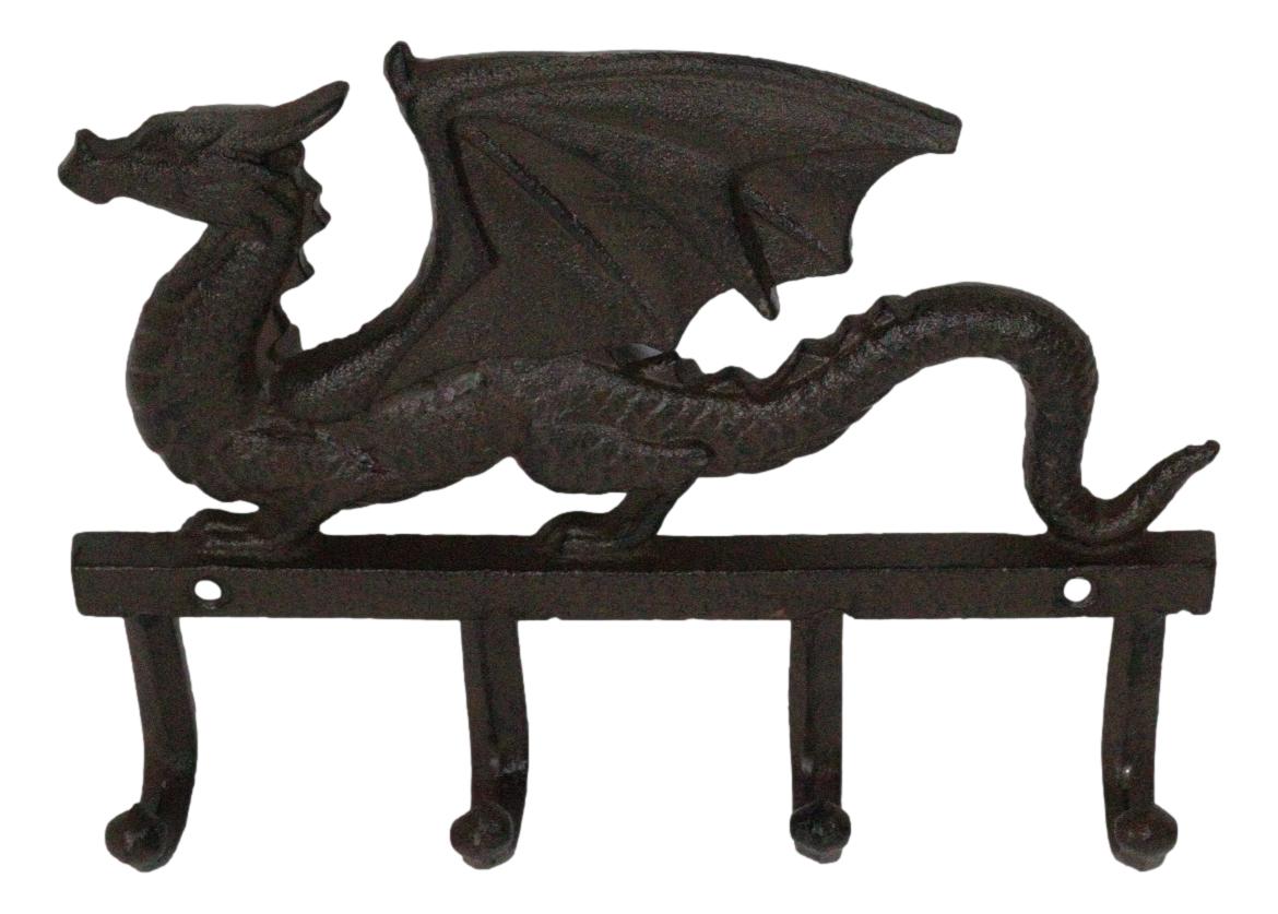 Cast Iron Legends Fantasy Sentinel Guardian Dragon 4 Pegs Wall Keys Hats Hook