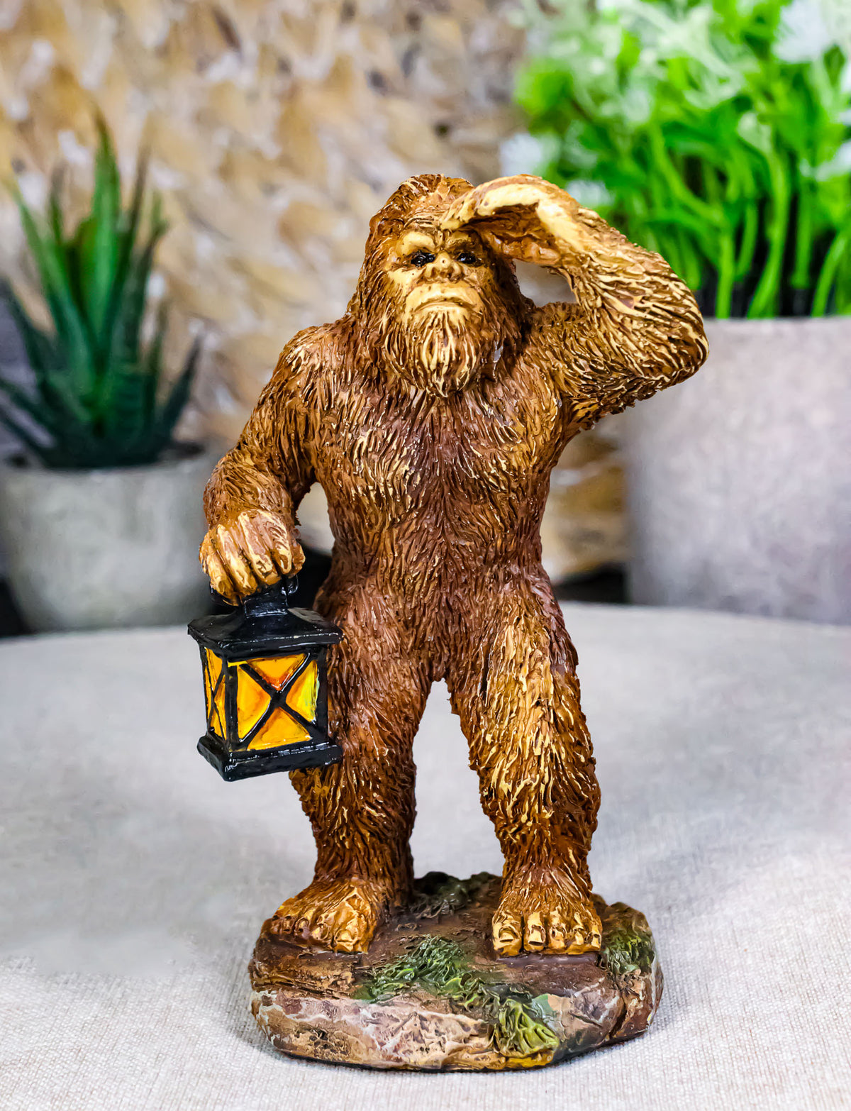 Rustic Funny Cryptid Hiker Bigfoot Holding Lantern Lost in the Woods Figurine