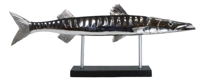 Marine Faux Taxidermy Silver Tone Large Barracuda Fish Sculpture With Pole Stand