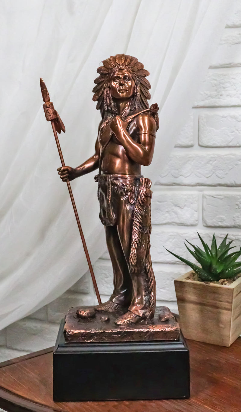 Indian Chief Hero With Spear Hunter Electroplated Bronze Figurine With Base