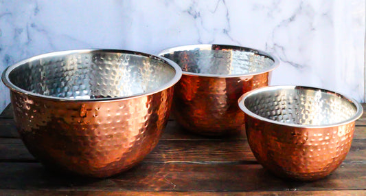 Set Of 3 Round Hammered Stainless Steel Serving Or Mixing Bowls Copper Finish