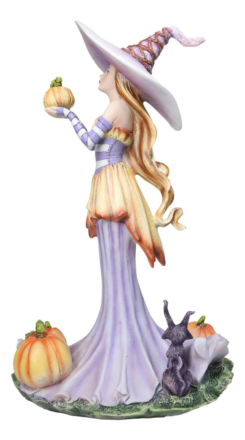 Amy Brown Halloween Purple Hat Pumpkin Witch with Mysterious Black Cat Figurine