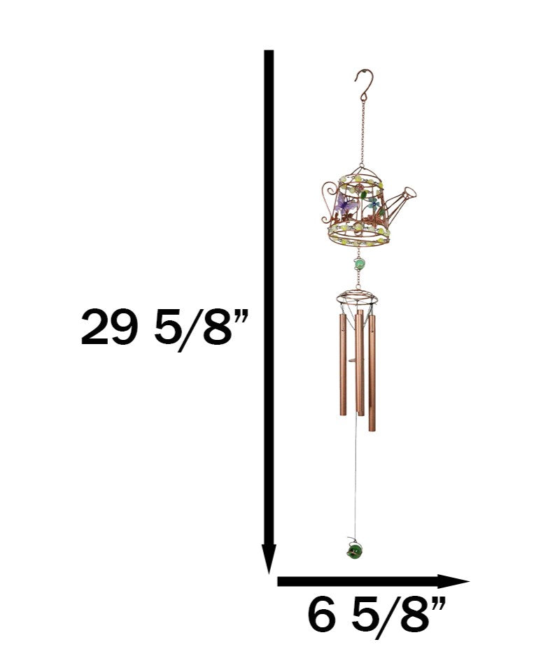 Monarch Butterflies On Garden Watering Can Art Glass Gemstones Metal Wind Chime