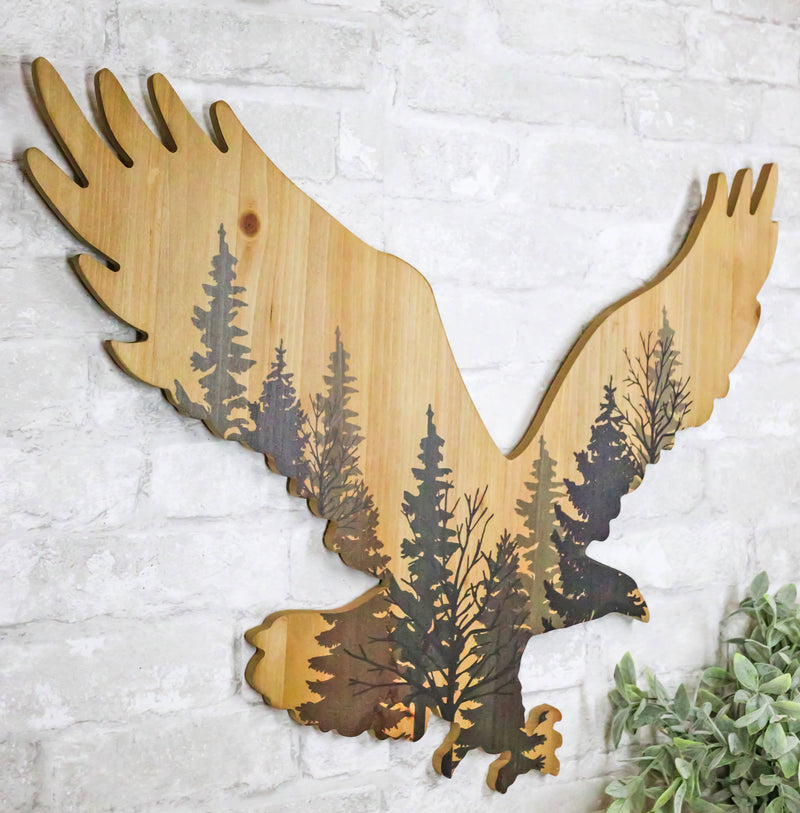 Large 23"L Bald Eagle Swooping With Pine Trees Forest Wooden Wall Decor Plaque