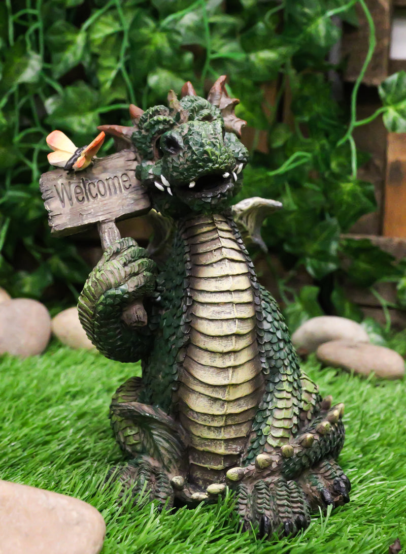 Whimsical Green Garden Dragon With Butterfly With Welcome Plank Sign Figurine