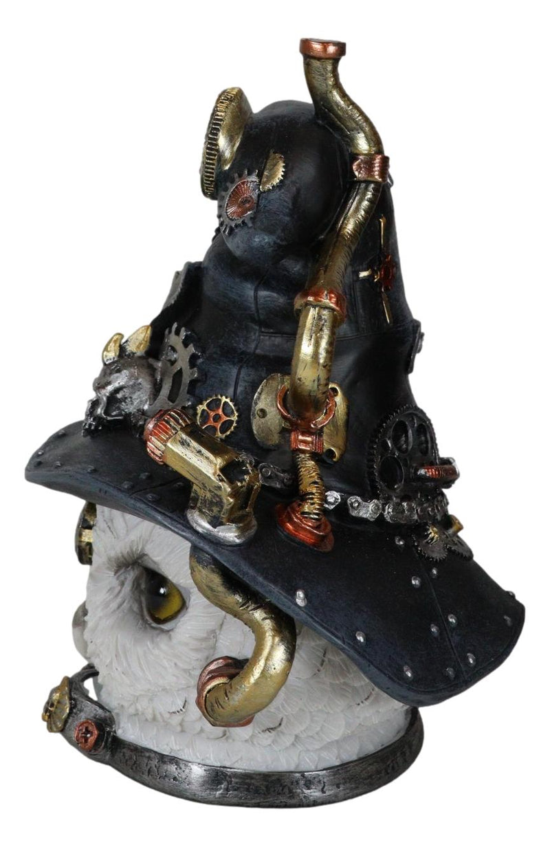 Geared Clockwork Pipes Valves Steampunk Owl With Winged Skull Witch Hat Figurine