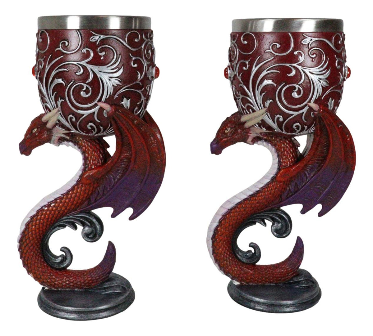 Set Of 2 Fantasy Maroon Dragons Devotion Love Hex Heart Baroque Wine Goblets