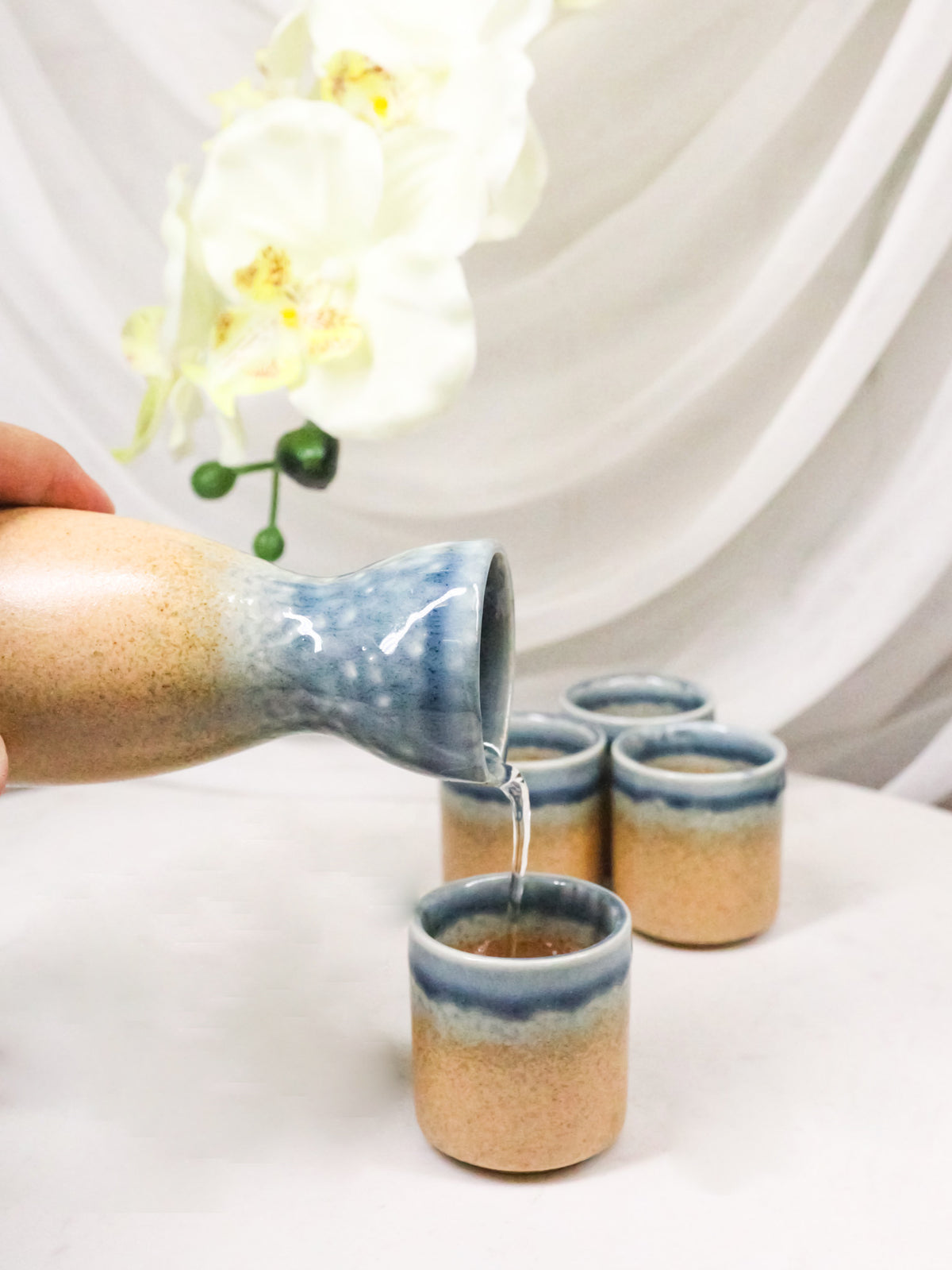 Porcelain Blue And Sand Ao Nagashi Japanese Wine Sake Flask With 2 Cups Set