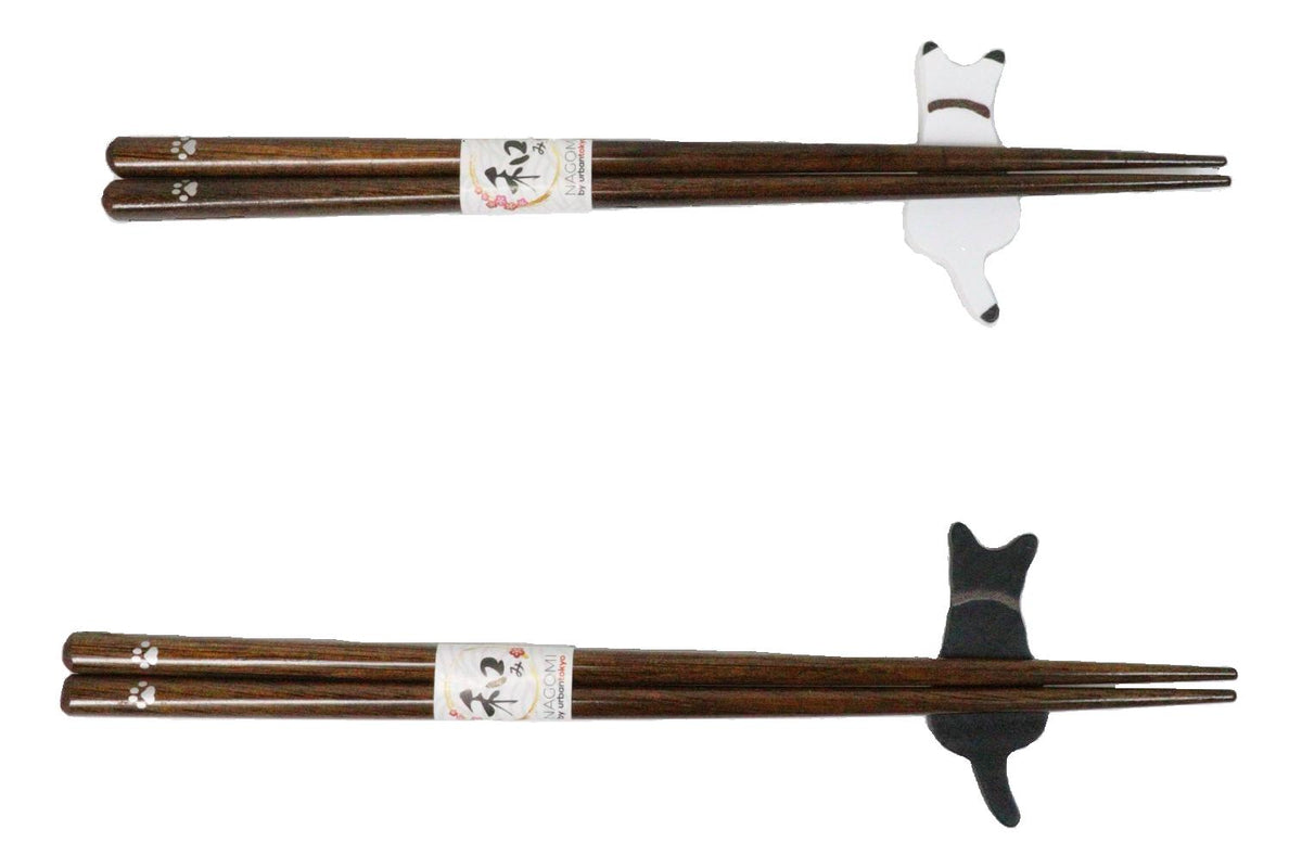 Black And White Feline Cats With Tails Set of 2 Chopsticks And Wooden Rests Set