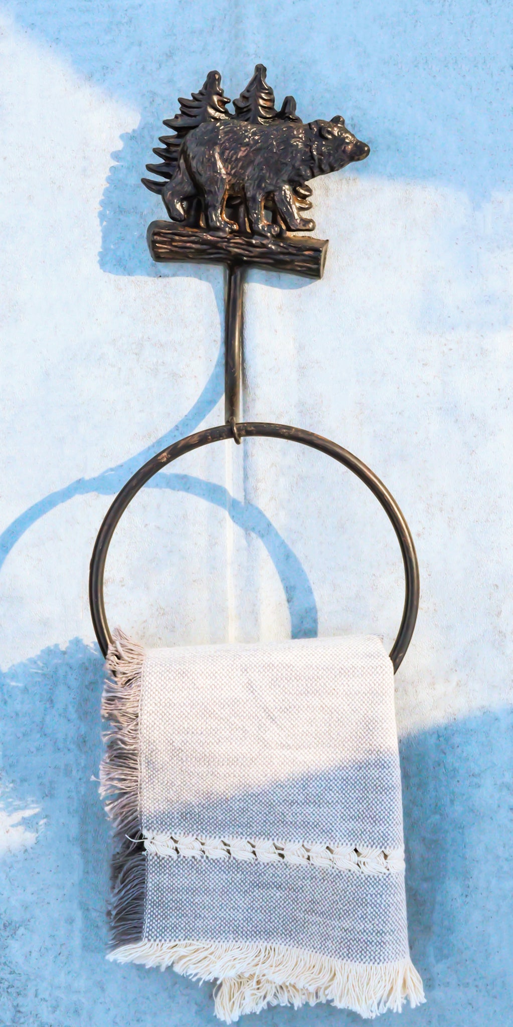 Cast Iron Rustic Cabin Bathroom Black Bear By Pine Trees Hand Towel Ring Holder