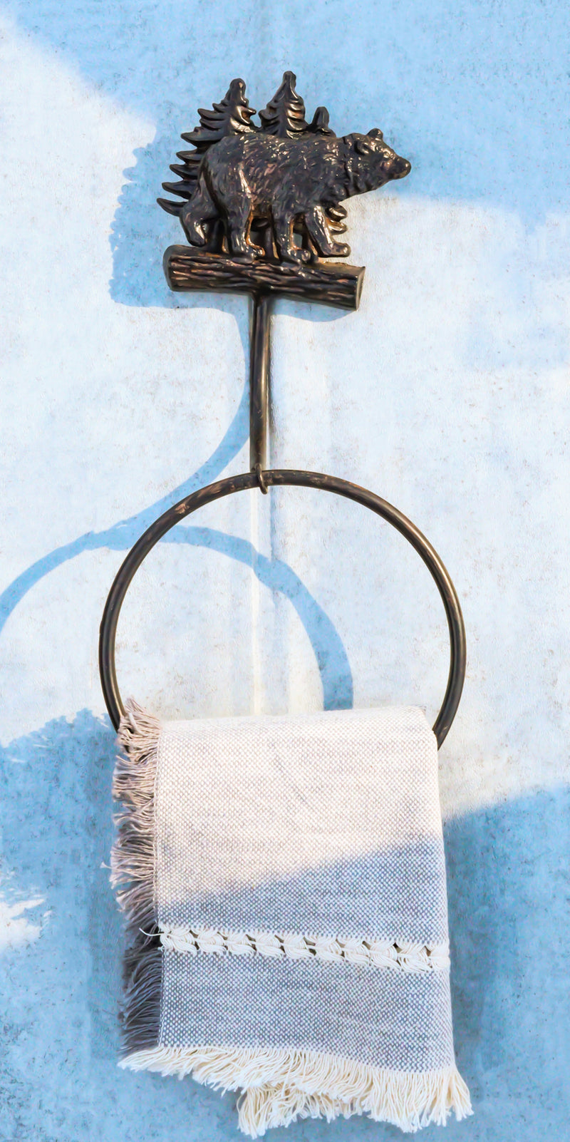 Cast Iron Rustic Cabin Bathroom Black Bear By Pine Trees Hand Towel Ring Holder