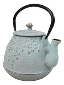 Rustic Mint Green Leaves Design Cast Iron Tetsubin Teapot With Enamel Liner 32oz