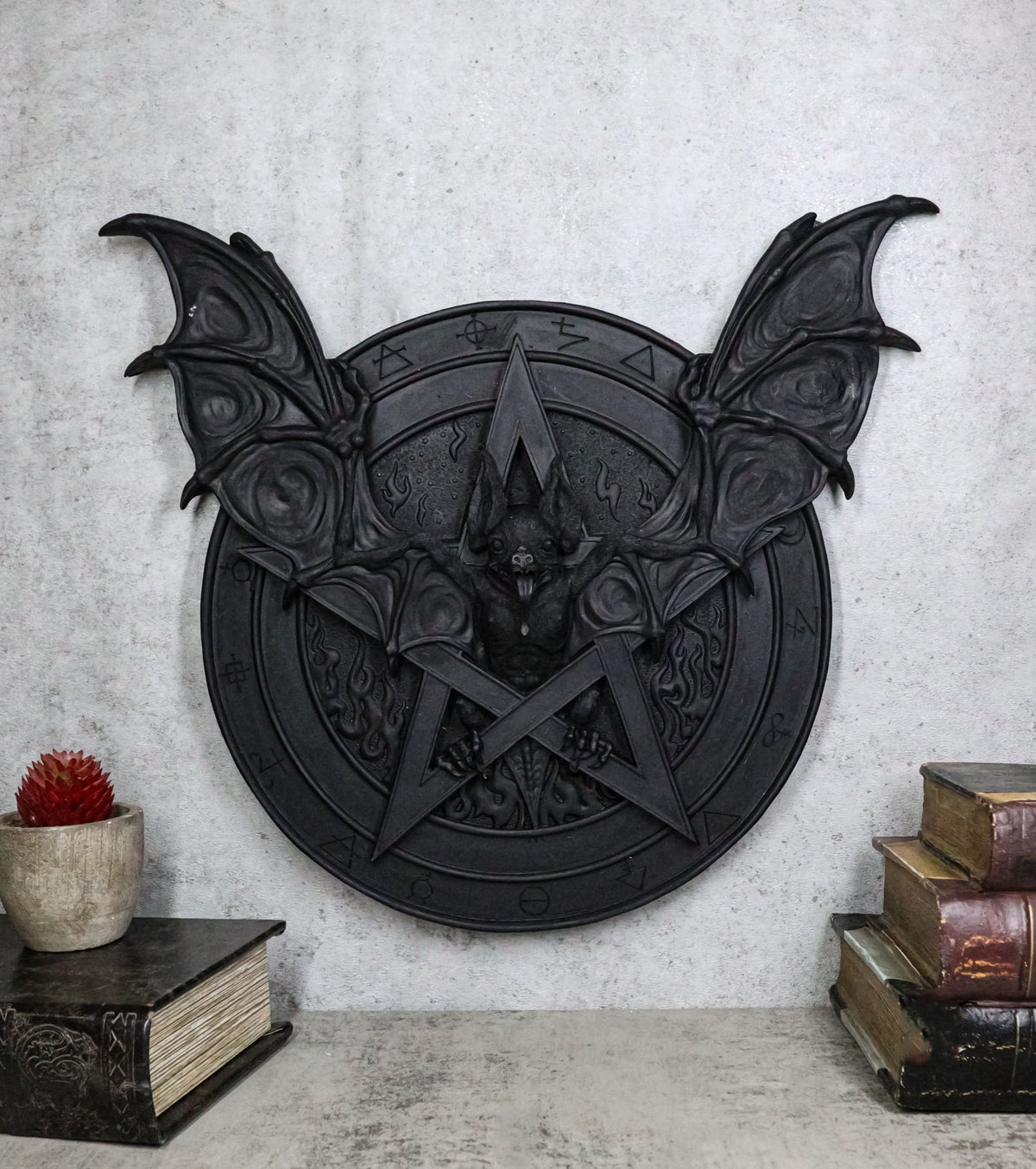 Gothic Nosferatu Black Bat Pentagram With Hell Fire Alchemy Symbols Wall Plaque