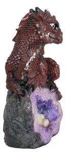 Adorable Quartzite Red Baby Dragon On Faux Geode Fossil Cove With Eggs Figurine