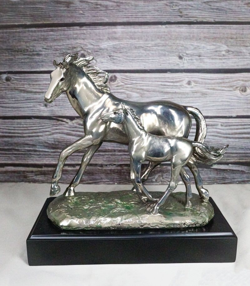 Western Horse and Foal Chrome Electroplated Resin Figurine With Museum Base