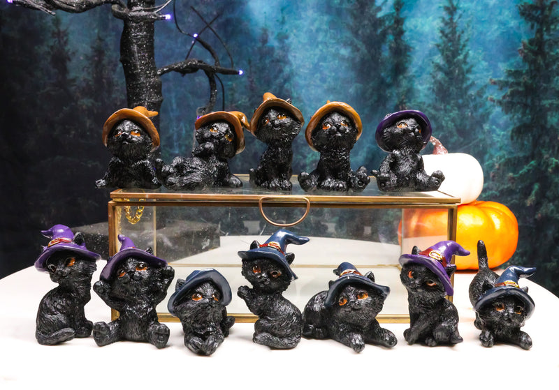 Set of 12 Halloween Black Cats With Witch Hats Mini Figurines In Multi Poses