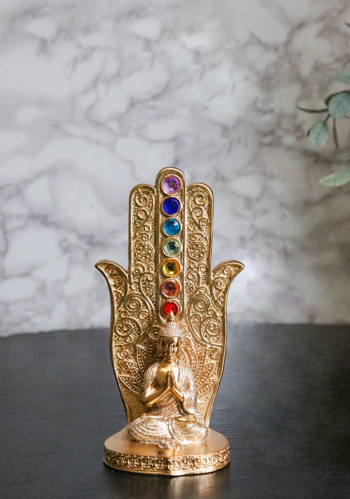 Golden Nirvana Hamsa Palm Buddha Rainbow Chakra Stones Incense Holder Figurine
