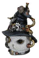 Geared Clockwork Pipes Valves Steampunk Owl With Winged Skull Witch Hat Figurine