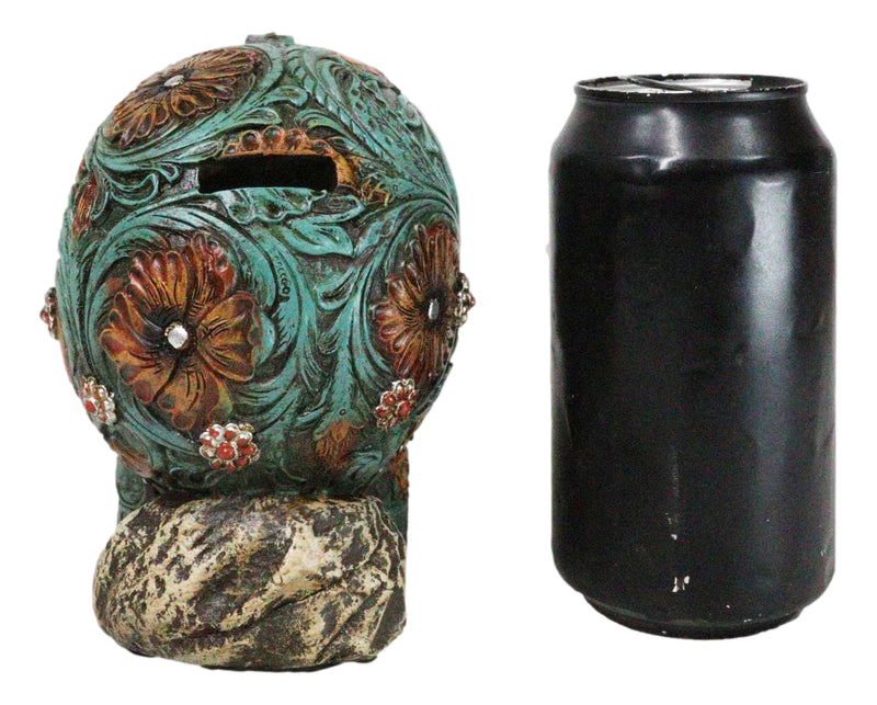 Faux Leather Turquoise Floral Scrollwork with Layered Cross Skull Money Bank
