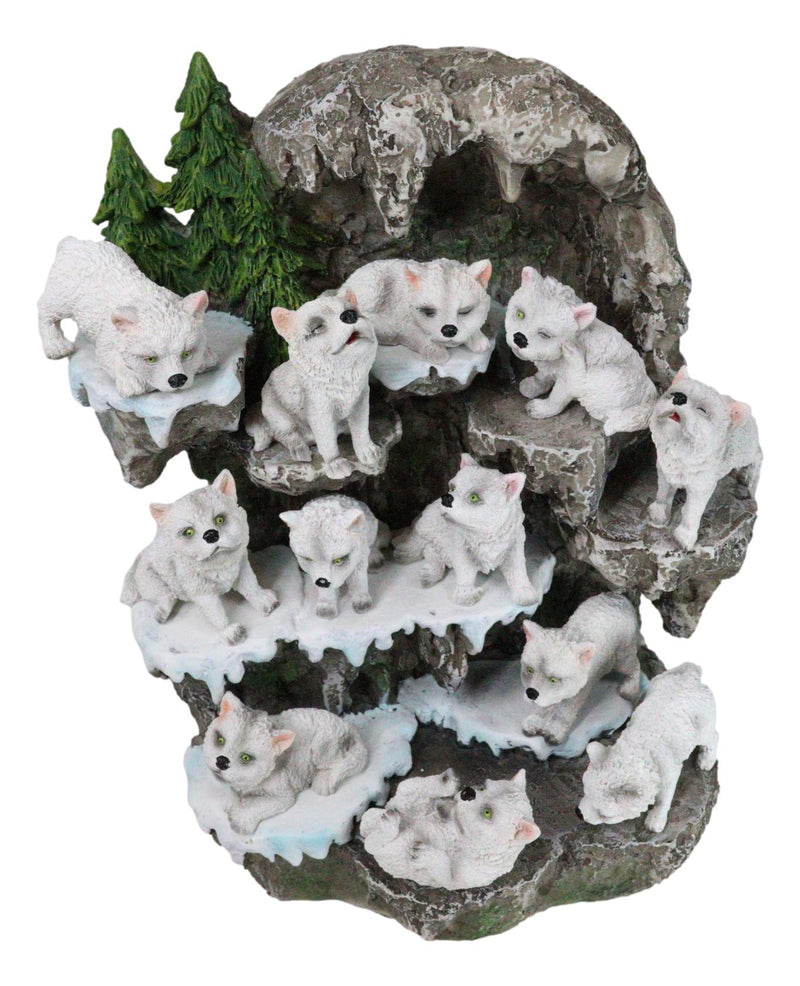 Snow Capped Wolf Den Rocky Cave Lair With Pine Trees LED Display Stand Sculpture