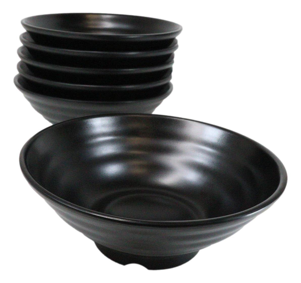 Pack Of 6 Modern Ridged Matte Black Melamine Large Round Ramen Soup Bowls 48oz - Ebros Gift